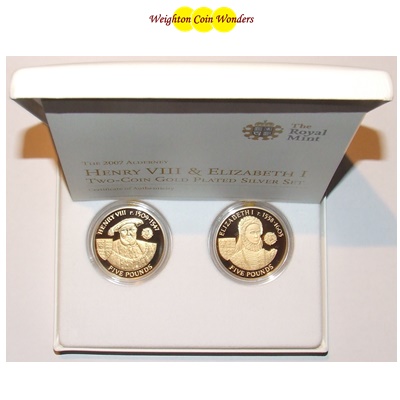 2007 Silver Proof £5 Gilded Coins - Henry VIII & Elizabeth I